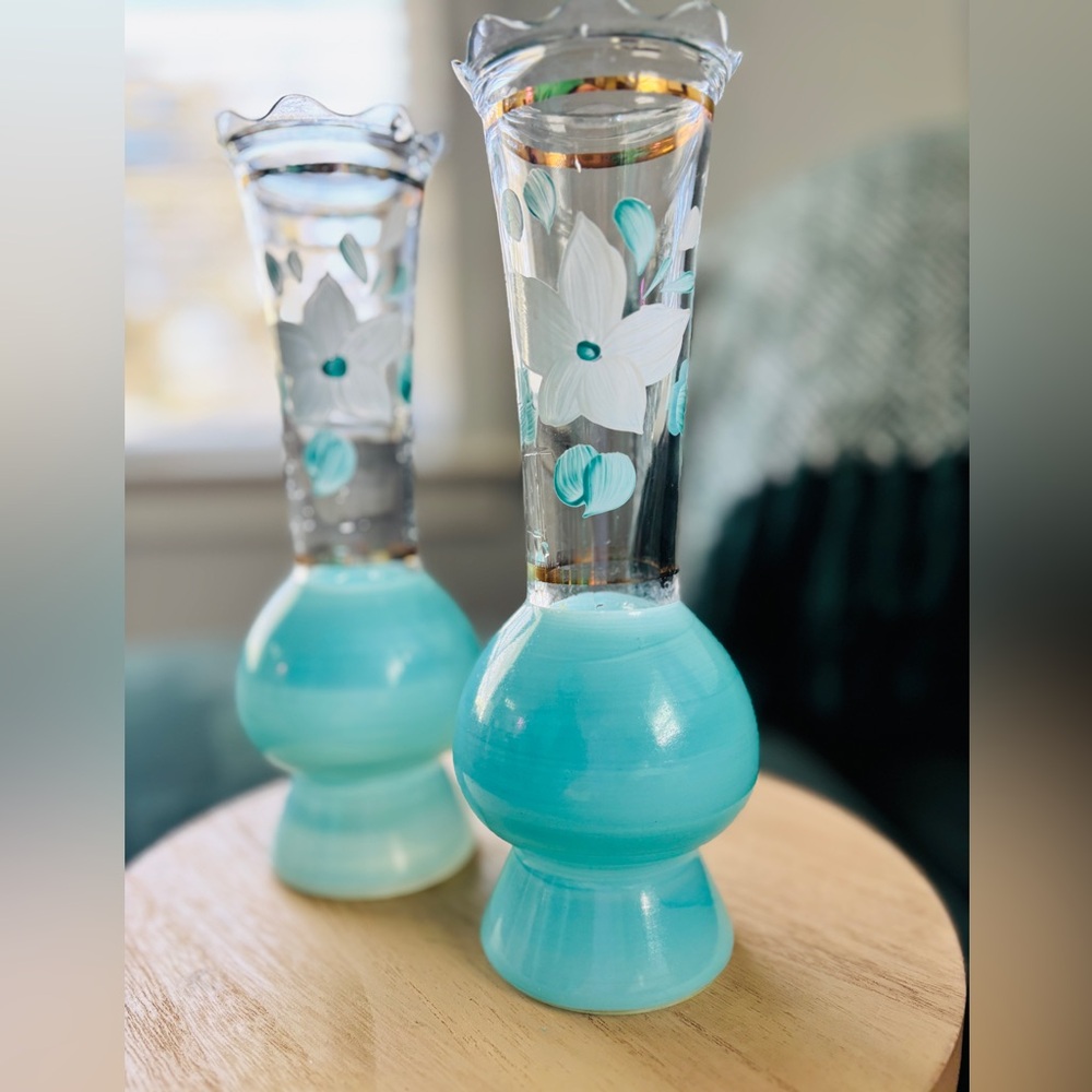 Vintage Bartlett Collin’s Turquoise hand painted vases set of 2